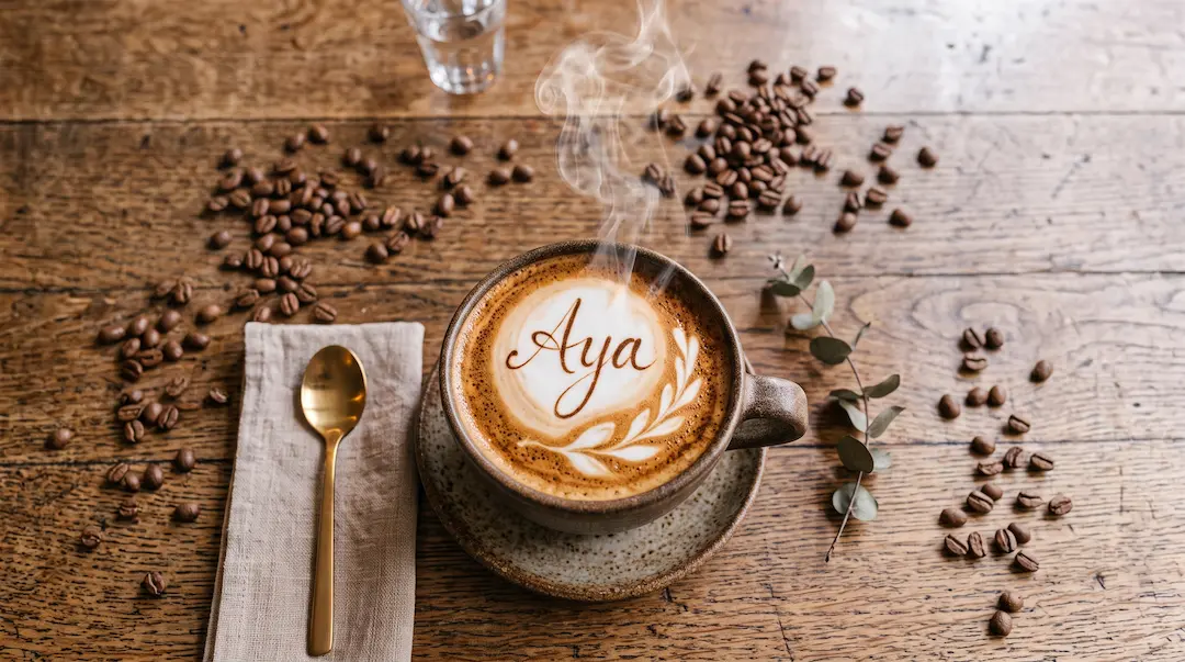 Cappuccino com latte art sobre um balcão de madeira, com grãos ao redor