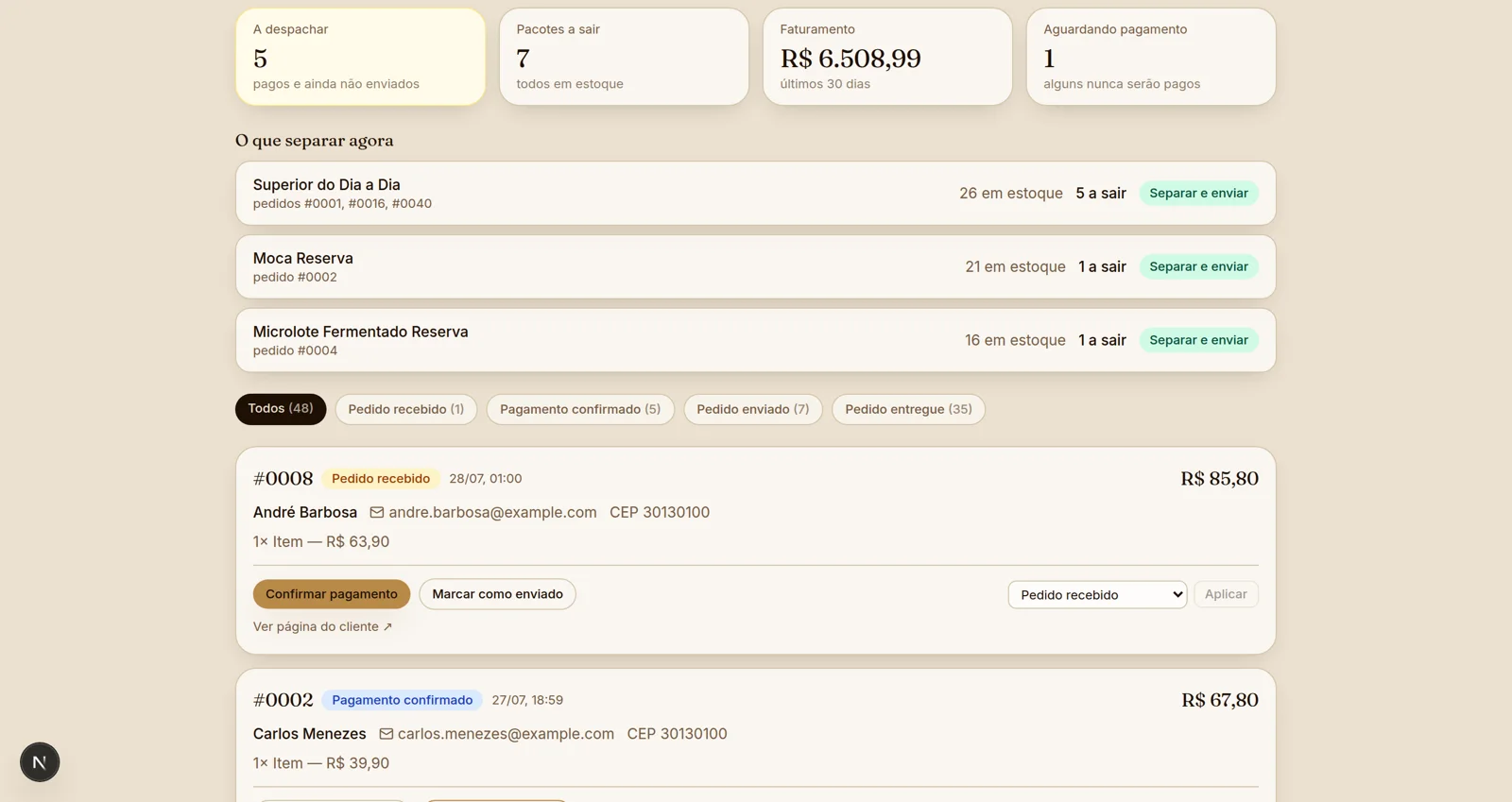 Painel de pedidos da Aya: pedidos a despachar, pacotes a sair, faturamento dos últimos 30 dias, o que separar agora e a lista de pedidos por status