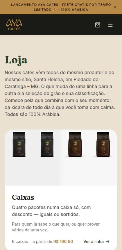A loja da Aya Cafés no celular, na página das linhas de café